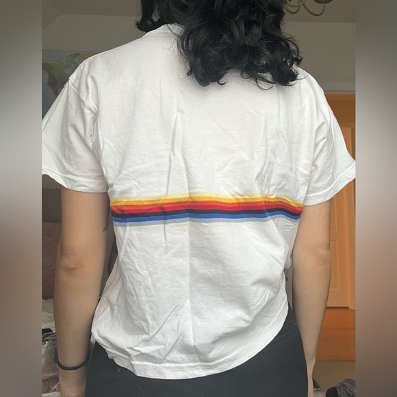 White Brandy Melville T-Short with Rainbow Stripe - Picture 3 of 5